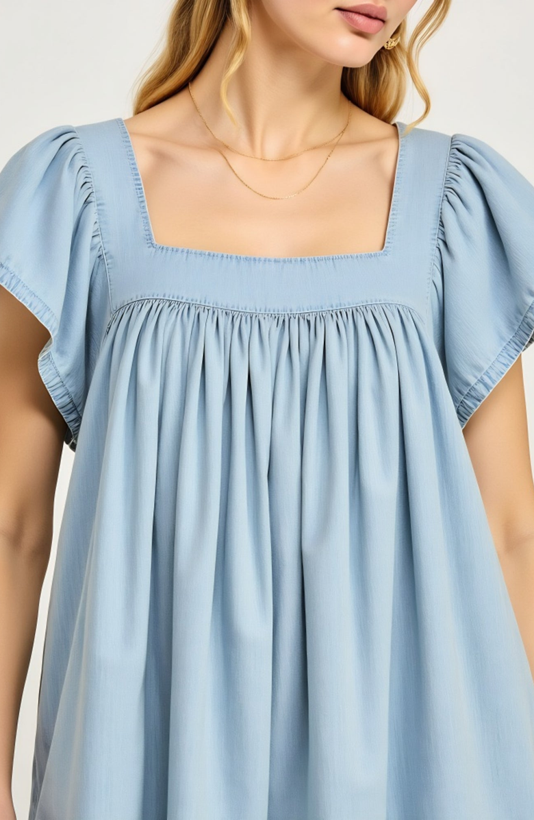 Modenaire Square Neck Flutter Sleeve Gathered Skirt Babydoll Dress, Alternate, color, Light Blue