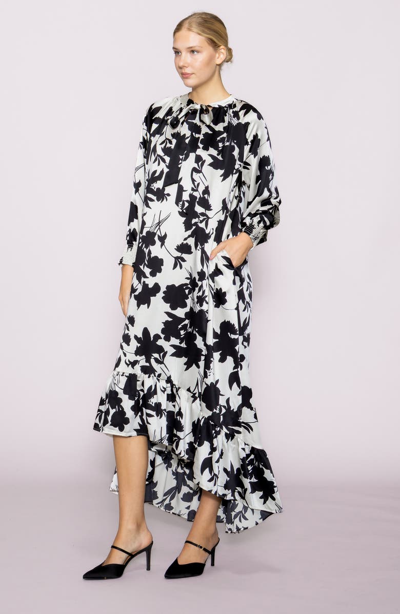 MELLODAY Tie Neck Long Sleeve High-Low Dress, Alternate, color, Ivory Black