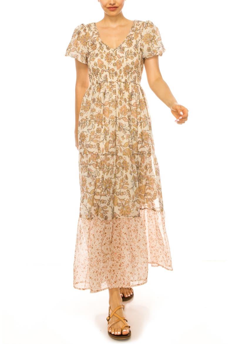 Floral Puff Sleeve Tiered Chiffon Maxi Dress, Main, color, NATURAL