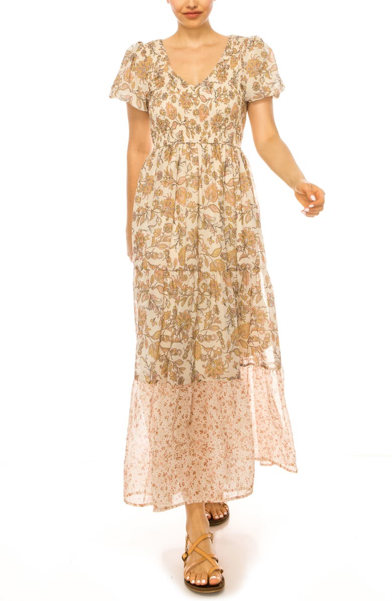 A COLLECTIVE STORY Floral Puff Sleeve Tiered Chiffon Maxi Dress, Main, color, Natural