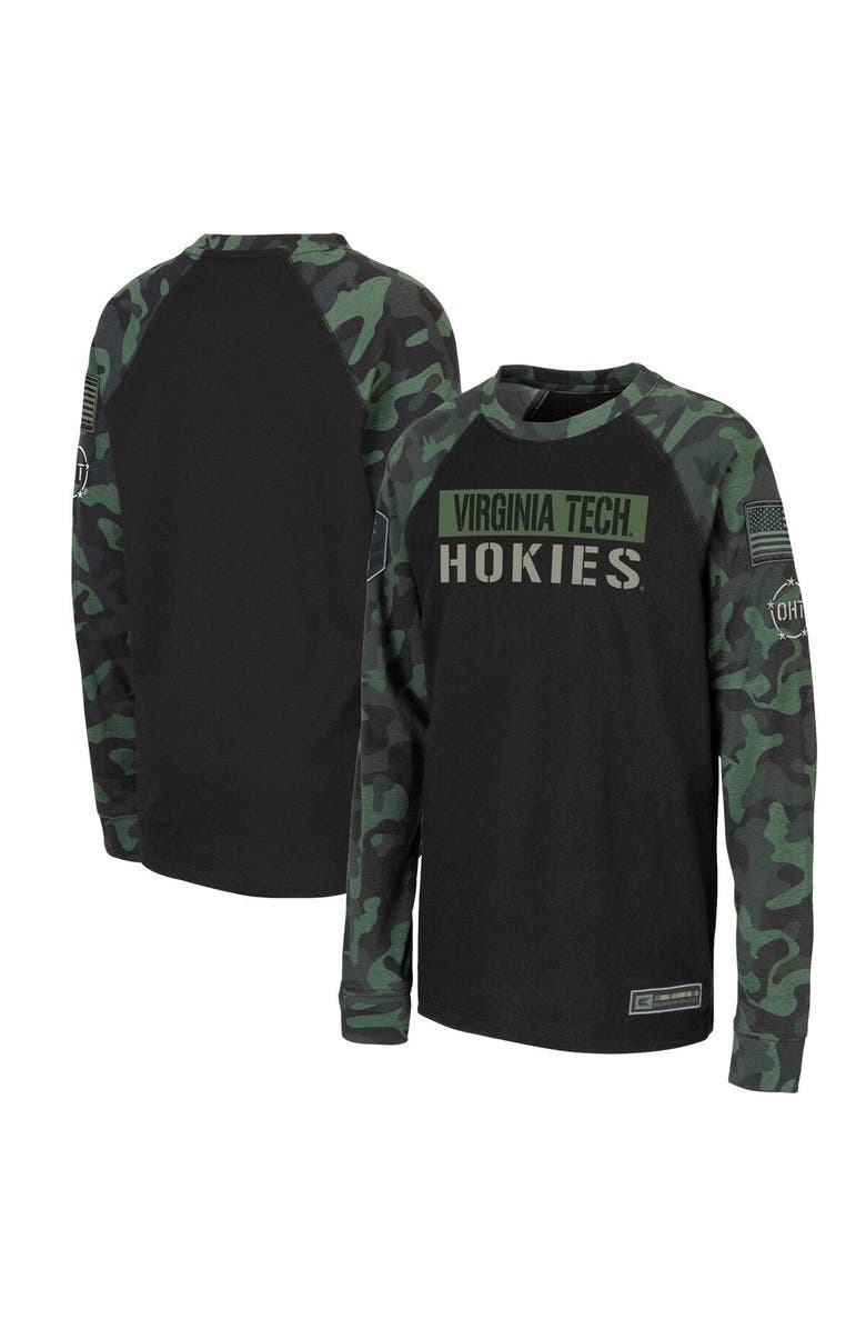 COLOSSEUM Youth Colosseum Black/Camo Virginia Tech Hokies OHT Military Appreciation Raglan Long Sleeve T-Shirt, Alternate, color, 