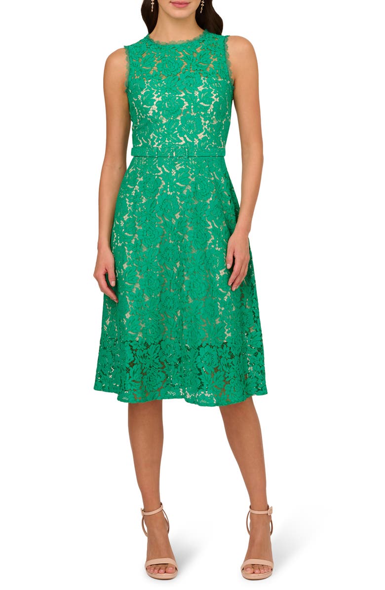 Adrianna Papell Belted Sleeveless Lace Midi Dress, Main, color, Botanic Green