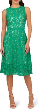 Adrianna Papell Belted Sleeveless Lace Midi Dress