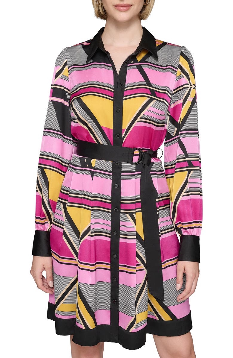 KARL LAGERFELD PARIS Colorblock Crepe Shirtdress, Alternate, color, Black/ French Fuchsia Combo