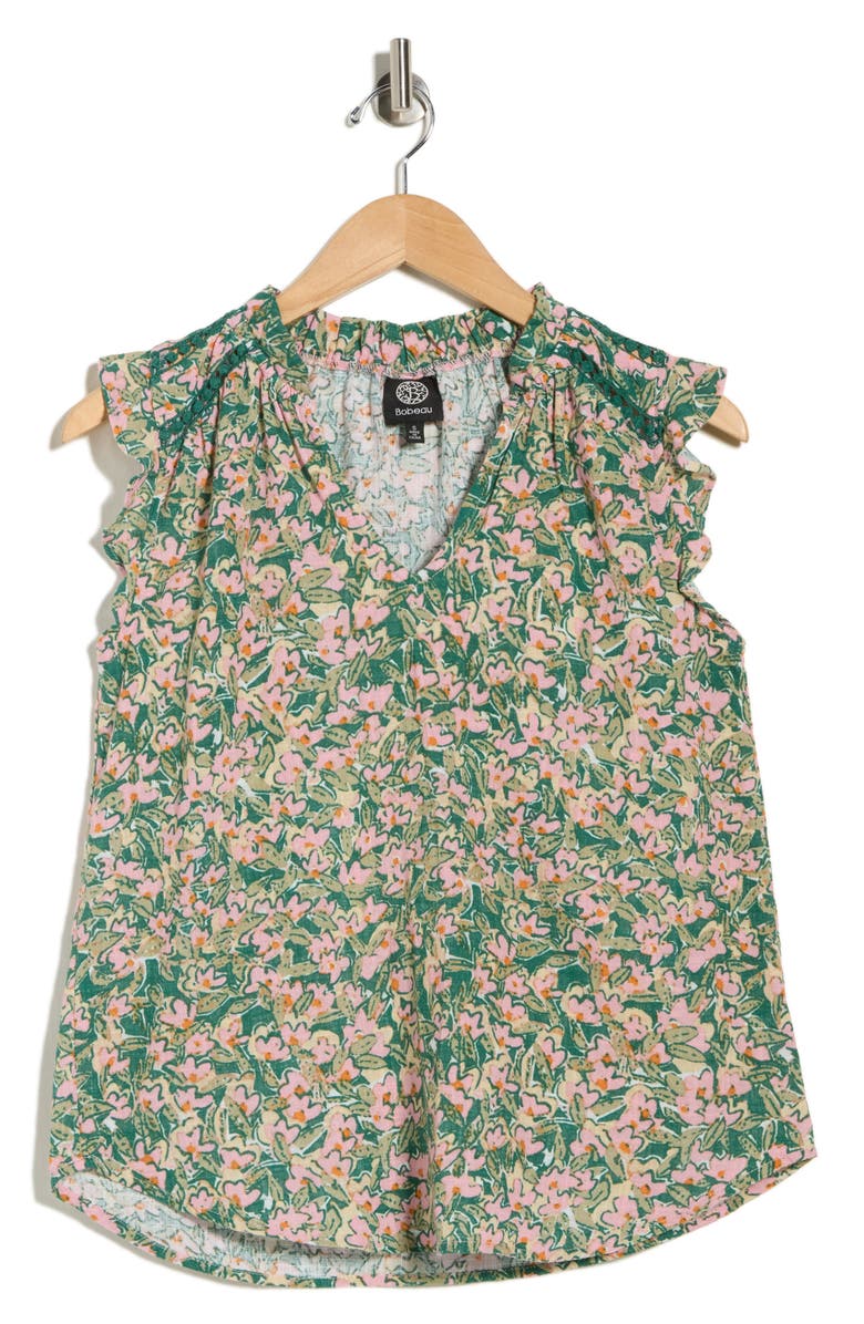 Bobeau Ruffle Sleeveless Cotton Top, Main, color, Green/Pale Yellow/ Pink Floral