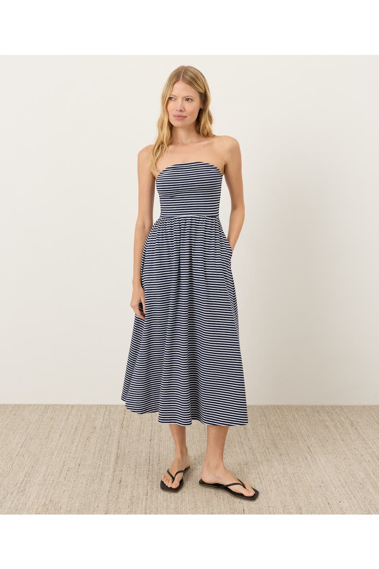 Fit & Flare Strapless Dress Made With Organic Cotton, Main, color, Hudson Stripe Navy Blue