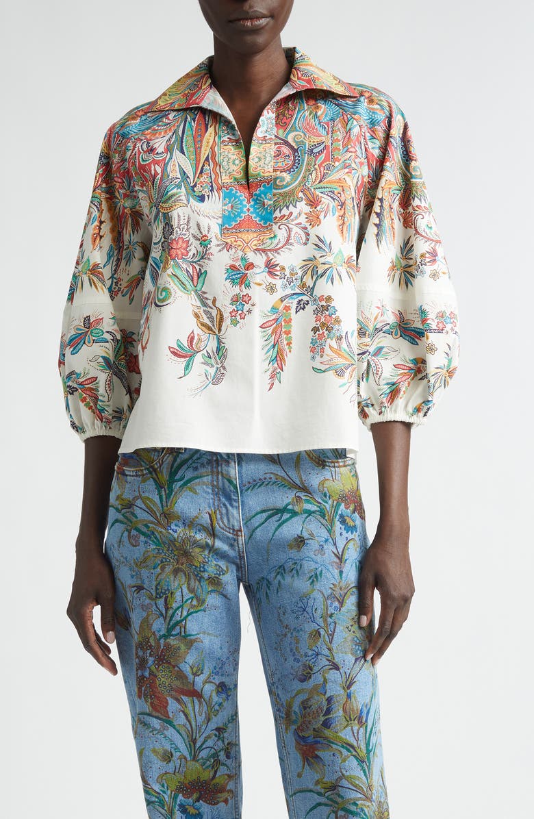 Etro Floral Paisley Cotton Top, Main, color, Print On White Base