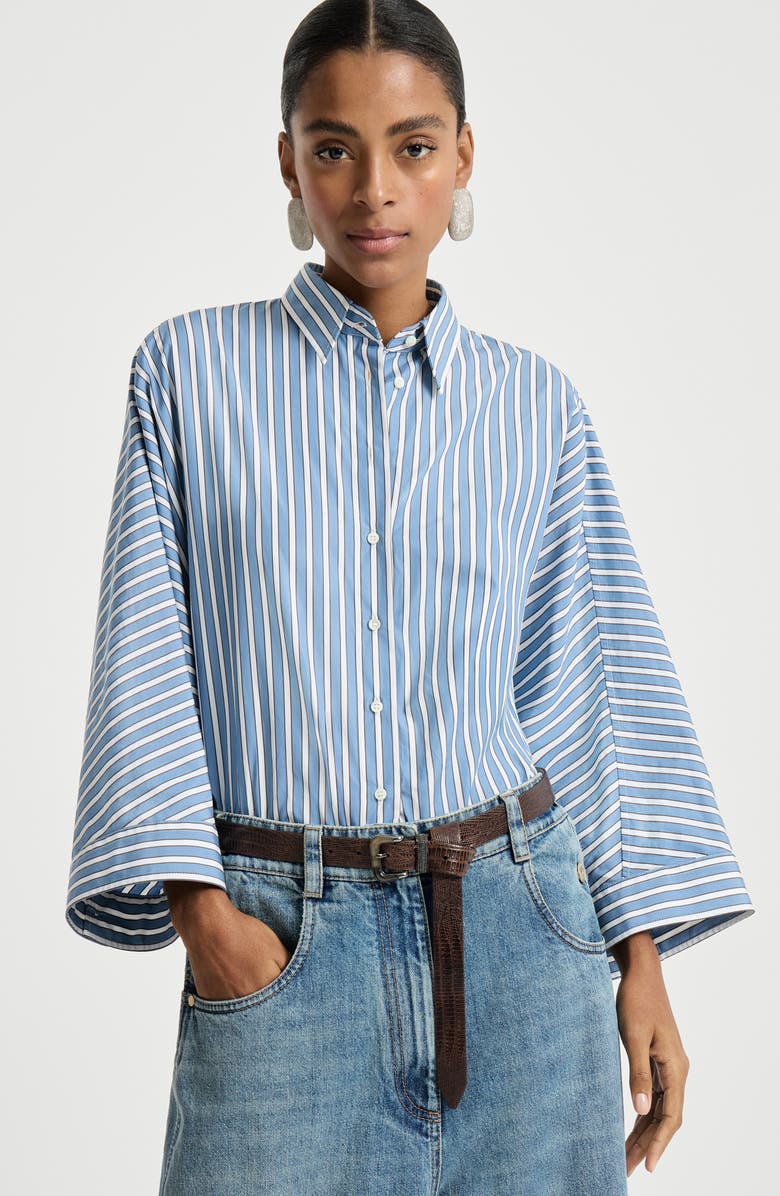 Brunello Cucinelli Striped poplin shirt, Alternate, color, Azure