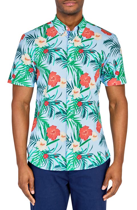 Slim Fit Tropical Recycled 4-Way Stretch Performance Short Sleeve Shirt