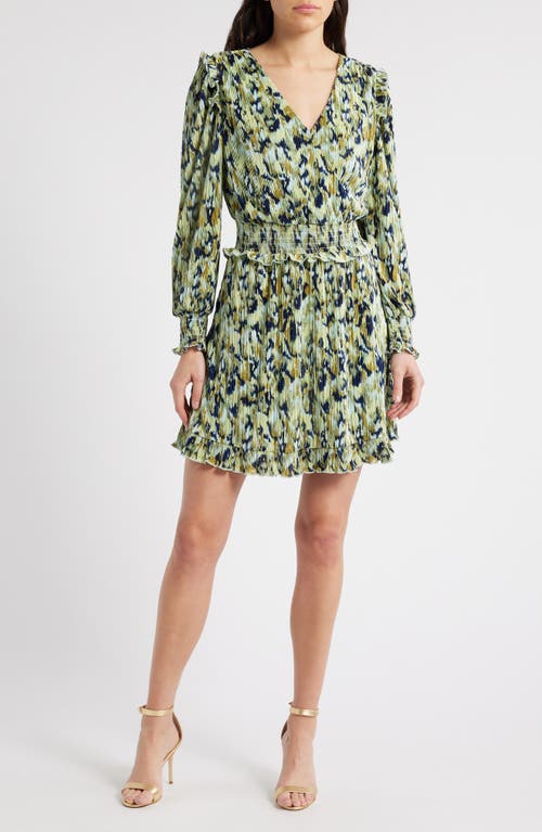 Chelsea28 Plissé Smocked Waist Long Sleeve Minidress In Blue- Green Textured Floral