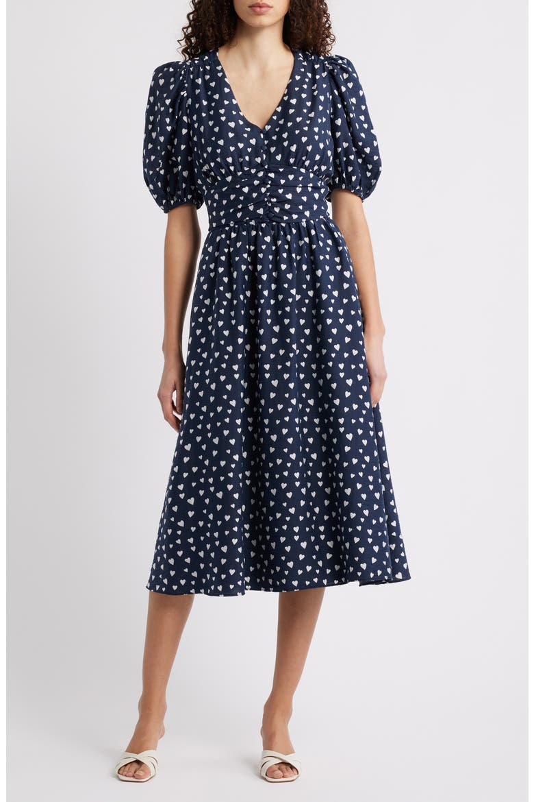 Puff Sleeve Heart Midi Dress, Main, color, NAVY- WHITE FLOATING HEARTS