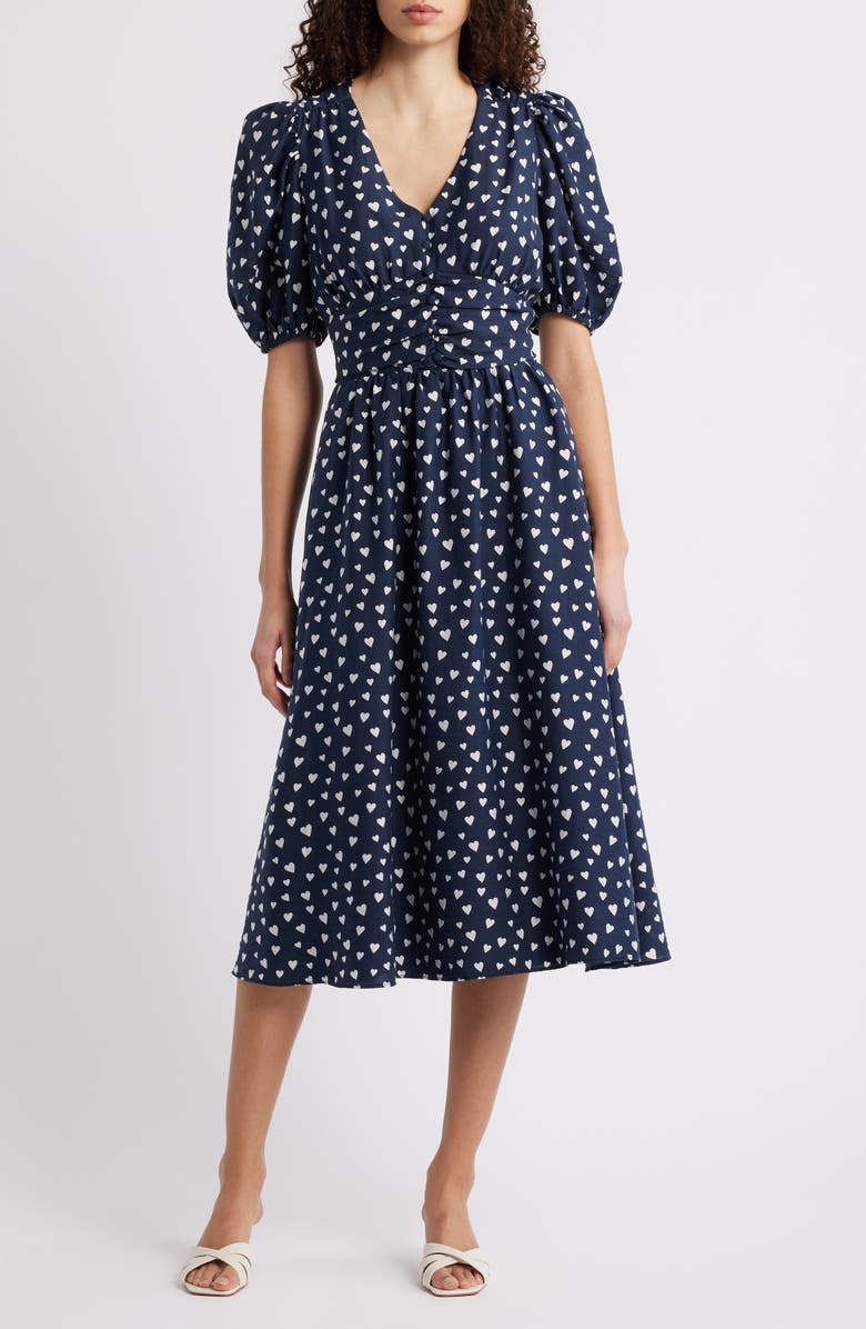 Caslon<sup>®</sup> Puff Sleeve Heart Midi Dress, Main, color, Navy- White Floating Hearts