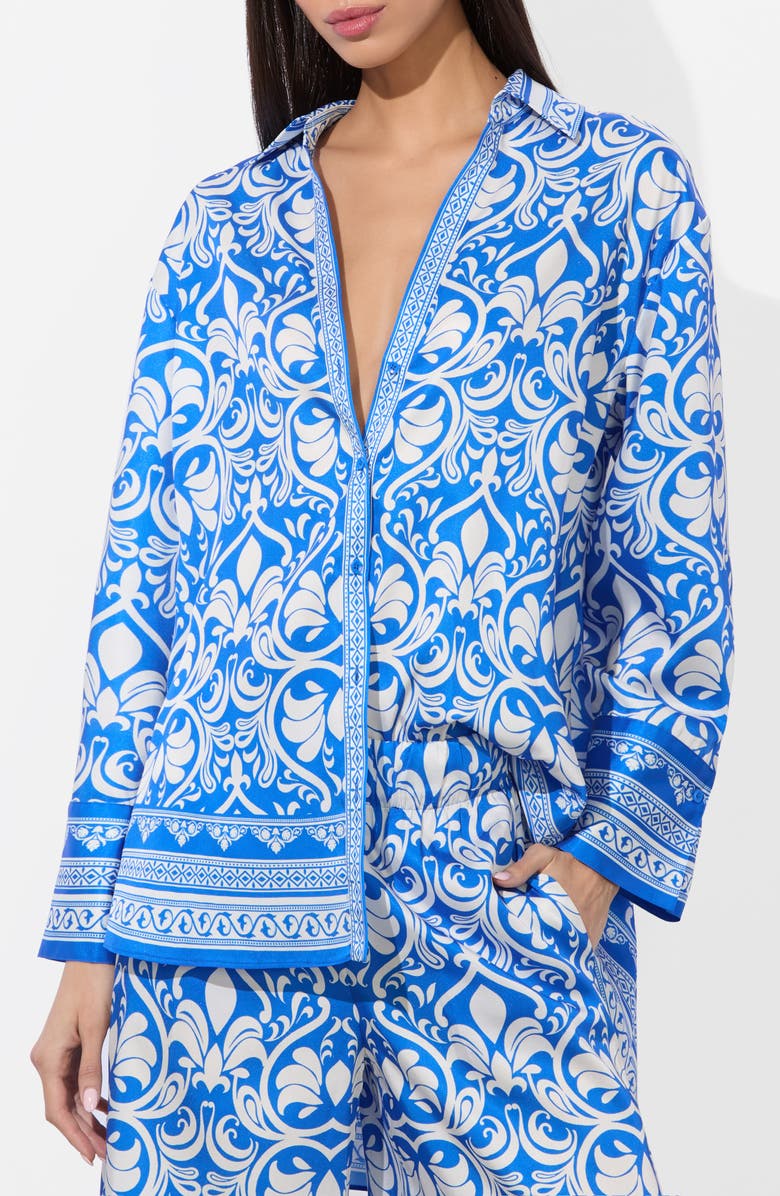 Alice + Olivia Kiva Oversize Mixed Print Button-Up Shirt, Main, color, Soiree Trueblue