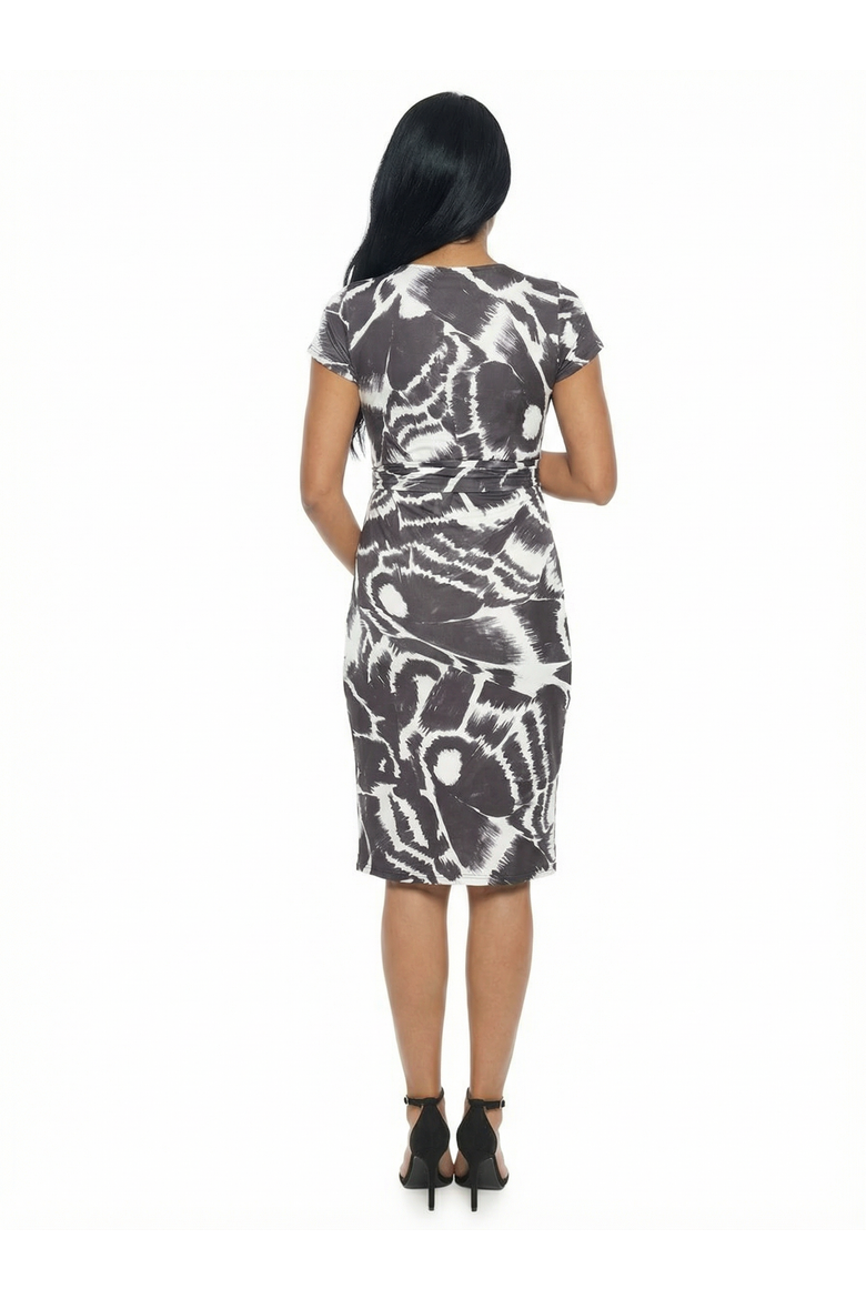 Maternity Abstract V-Neck Short Sleeve Knee Length Faux Wrap Dress, Alternate, color, Black Multi