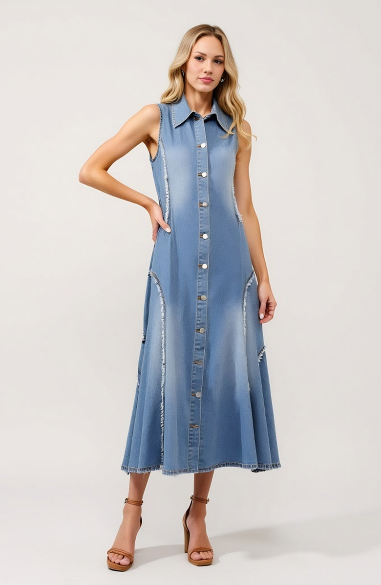 Modenaire Sleeveless Denim Midi Dress with Frayed Seams and Button Front, Alternate, color, Blue