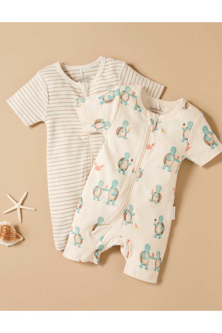 2 Pack Short Sleeve Zip Romper Floral Print, Alternate, color, Hungry Turtles Print
