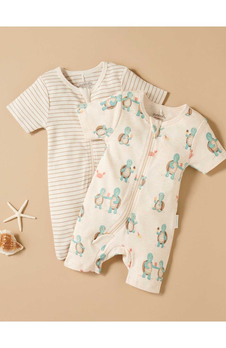 Purebaby 2 Pack Short Sleeve Zip Romper Whale Print, Alternate, color, Hungry Turtles Print
