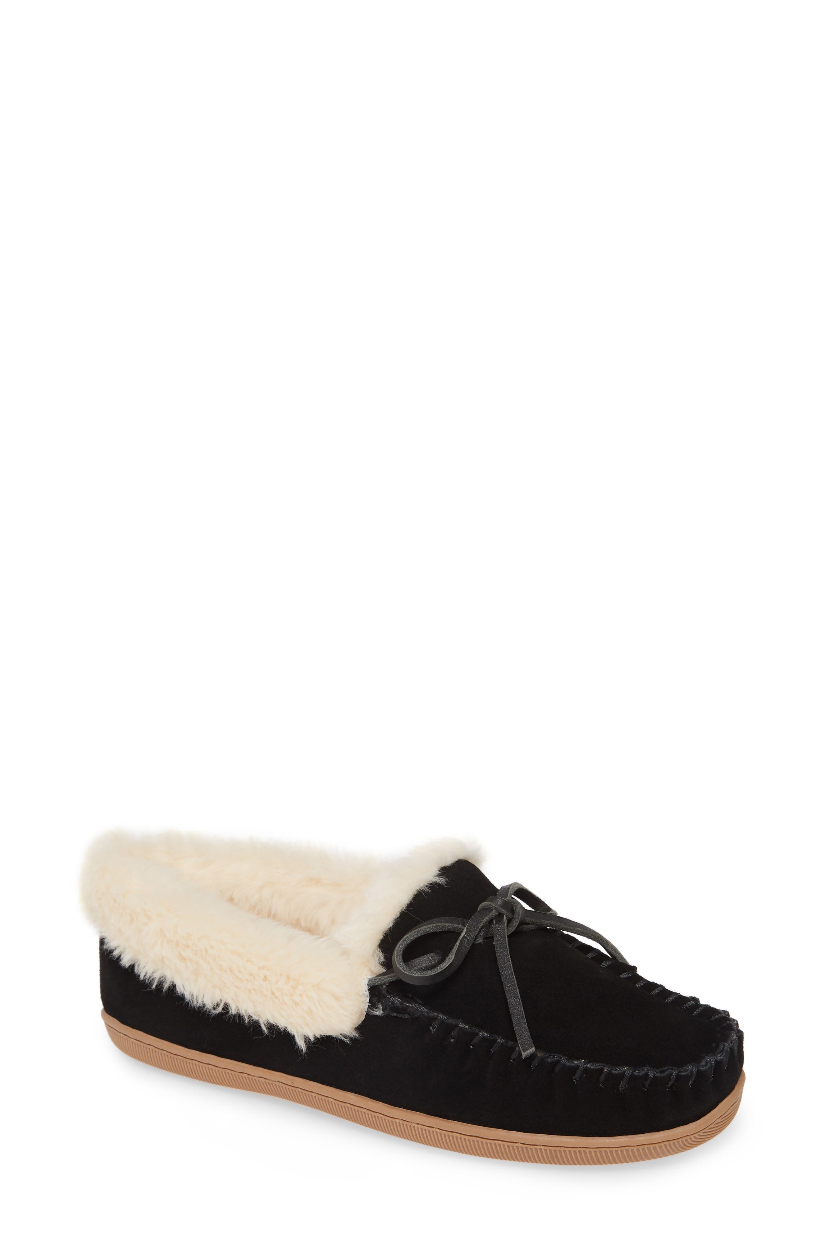 Lodge Faux Shearling Lined Moccasin, Main, color, BLACK SUEDE
