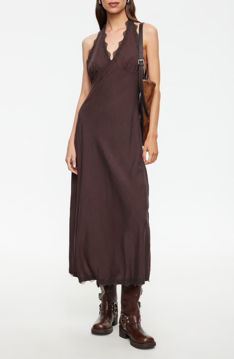 LIONESS Stars Align Lace Trim Linen Blend Halter Midi Dress, Main, color, Brown