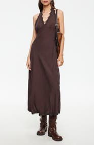 LIONESS Stars Align Lace Trim Linen Blend Halter Midi Dress