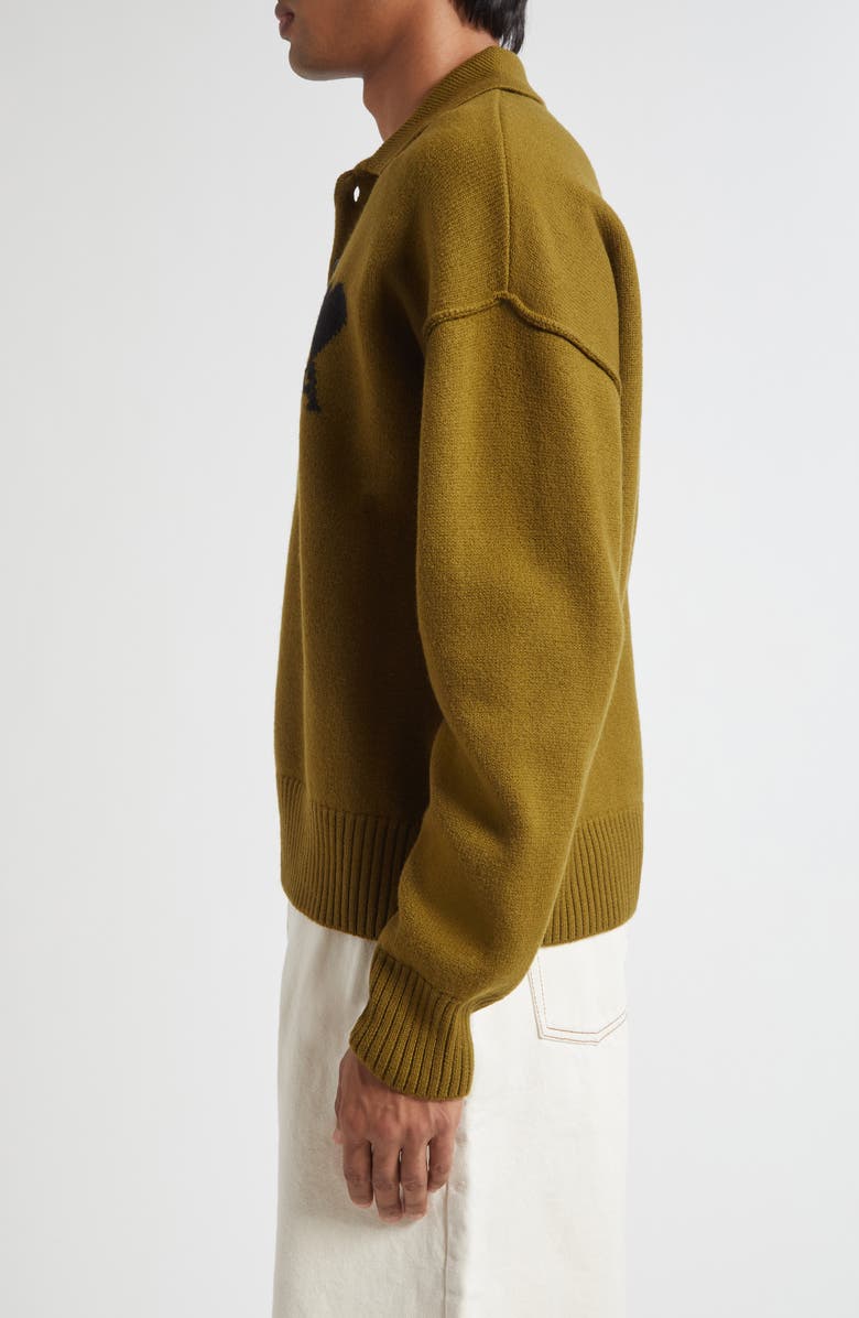 AMI PARIS Ami de Coeur Monogram Felted Wool Polo Sweater, Alternate, color, Bronze/ Noir