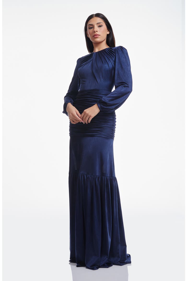 Lucille Pleated Ruched Long Sleeve Gown, Alternate, color, MIDNIGHT BLUE