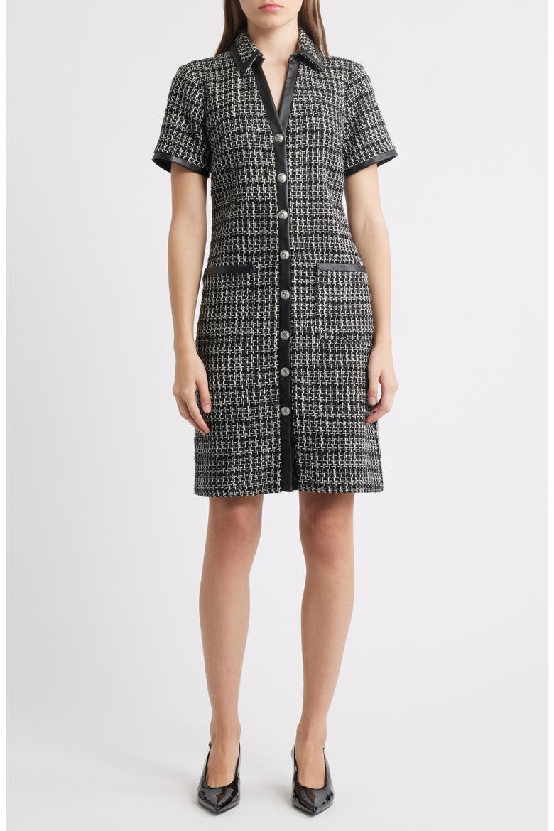 Button Front Tweed Shirtdress, Main, color, BLACK