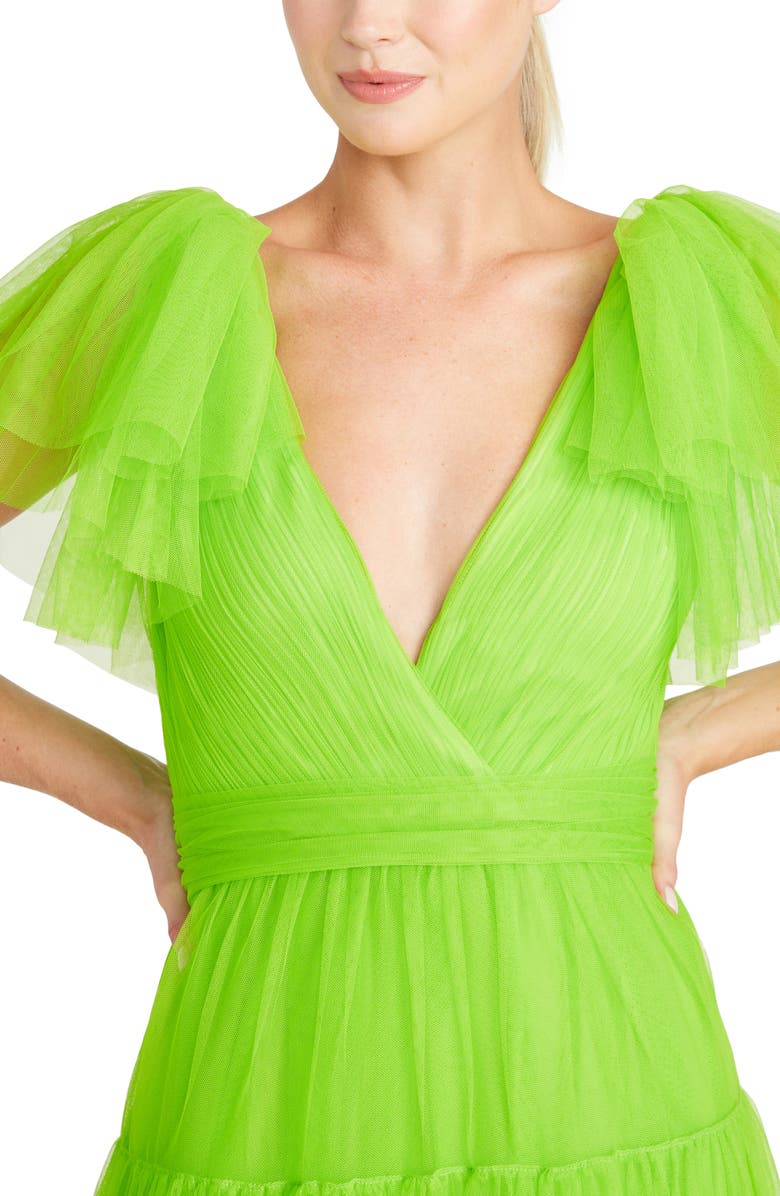 ML Monique Lhuillier Flutter Sleeve Tiered Tulle Gown, Alternate, color, Halcyon Green