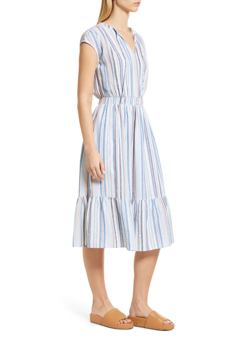 Stripe Tiered Linen Blend Midi Dress, Alternate, color, BLUE FALLS- WHITE STRIPE