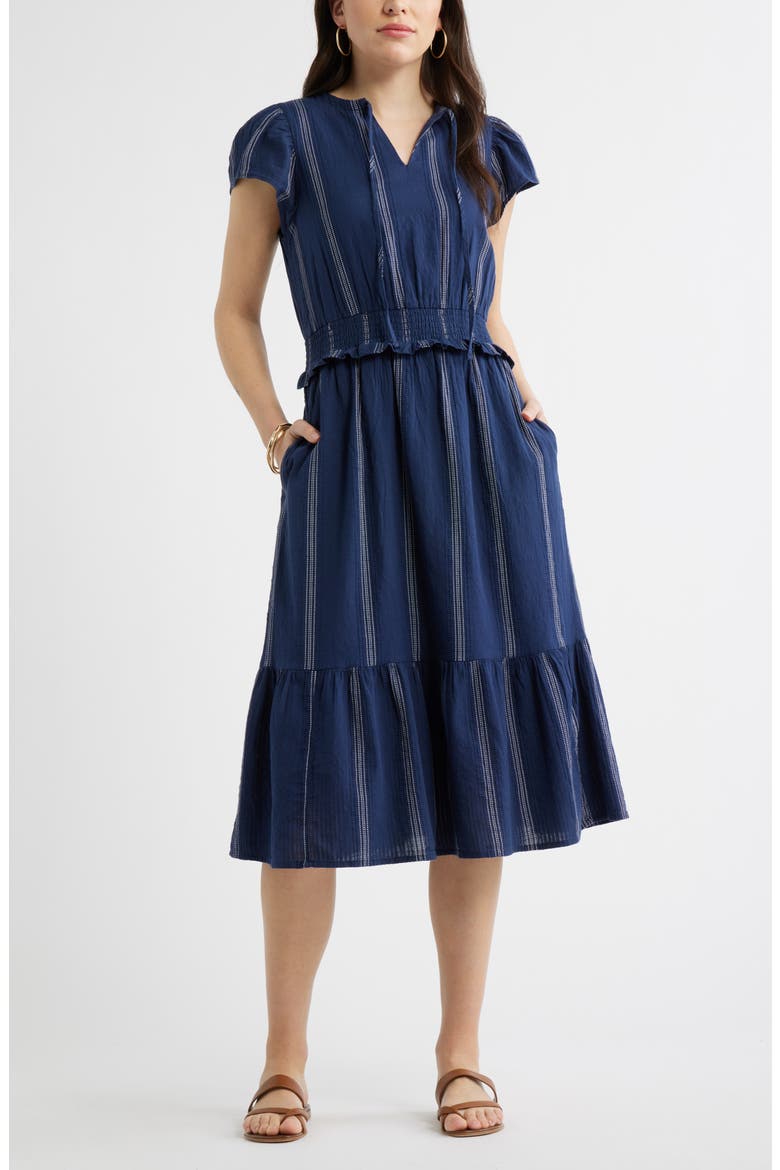 Puff Sleeve Frill Flared Midi Dress, Main, color, NAVY- IVORY STRIPE