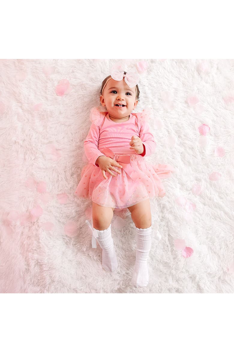 Flocked Heart Tiered Long Sleeve Tutu Bodysuit, Alternate, color, Pink