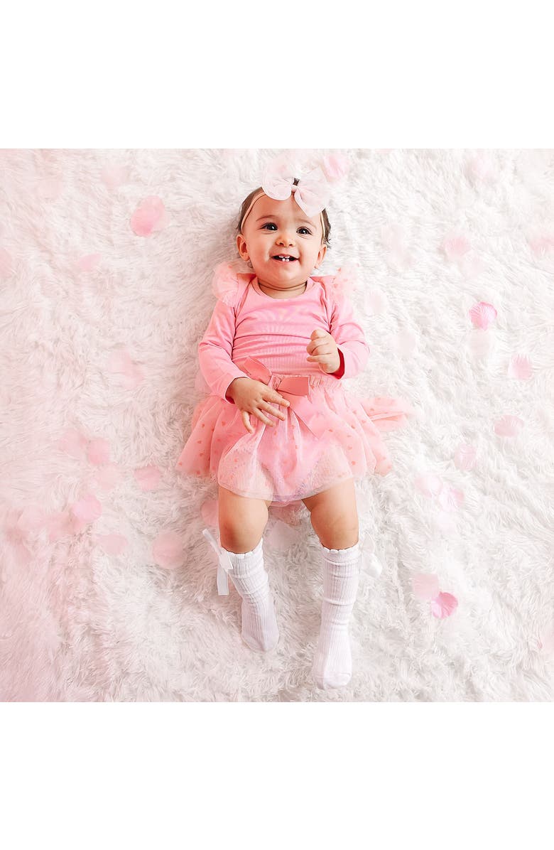 Sweet Wink Flocked Heart Valentine
s Day Tiered Long Sleeve Tutu Bodysuit, Alternate, color, Pink