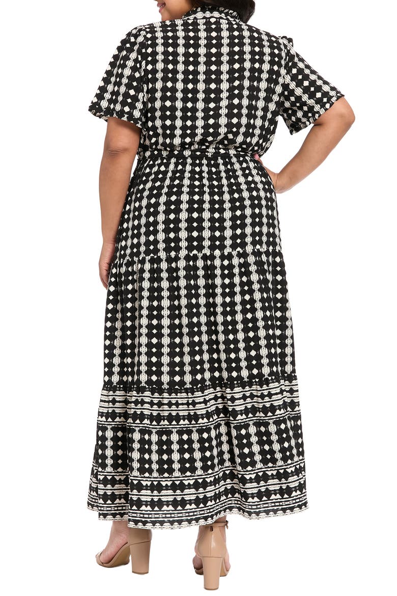 Ruffle Neck Geometric Print Tiered Dress, Alternate, color, BLACK/ SOFT WHITE