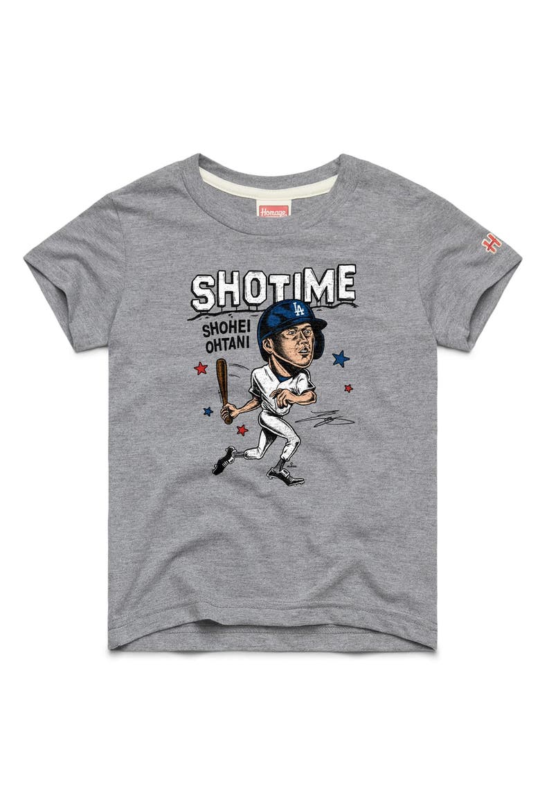 Youth Homage Shohei Ohtani Gray Los Angeles Dodgers Caricature Tri-Blend T-Shirt, Main, color, Gray