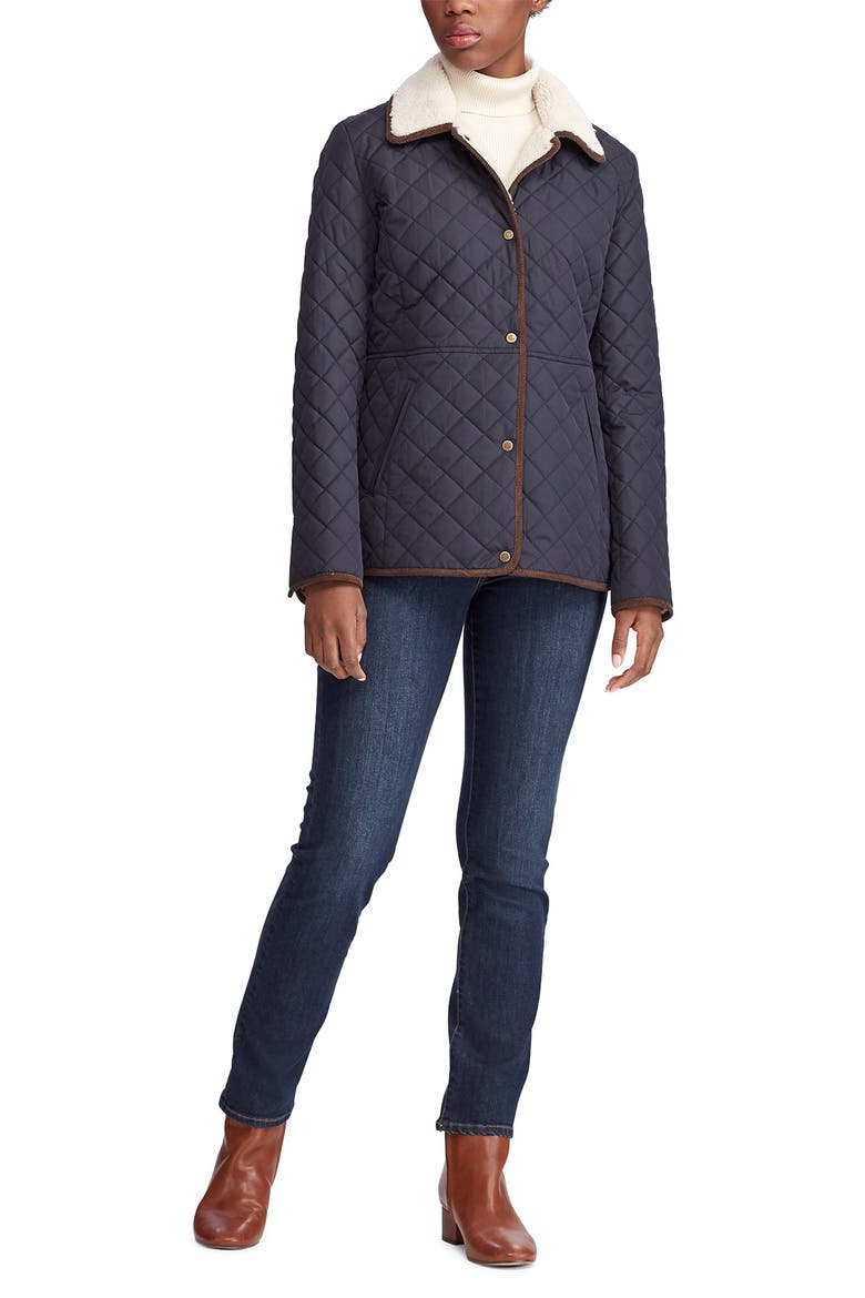 Faux Shearling Collar Quilted Jacket, Alternate, color, DK NAVY