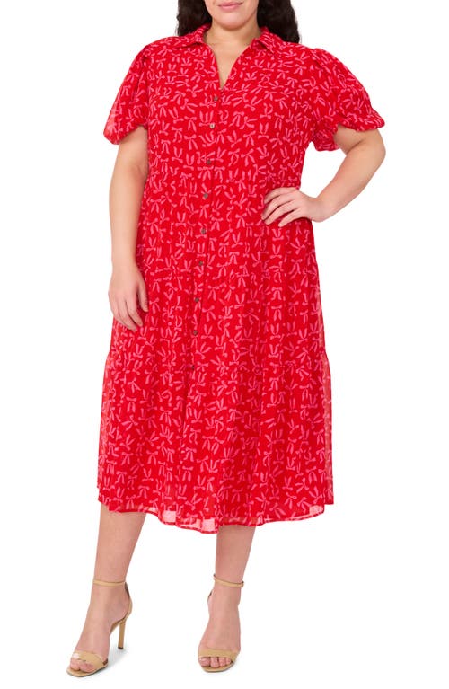 Shop Cece Bow Print Tiered Midi Shirtdress In Scarlet Glow