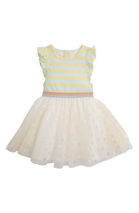 Kids' Lemon Cream Stripe Flutter Sleeve Dress (Toddler)