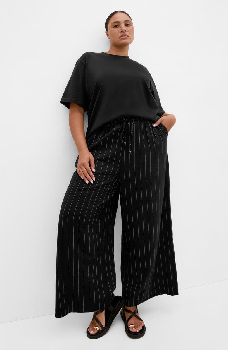 City Chic Kelly Pinstripe Pull-On Wide Leg Pants, Alternate, color, Black Pinstripe