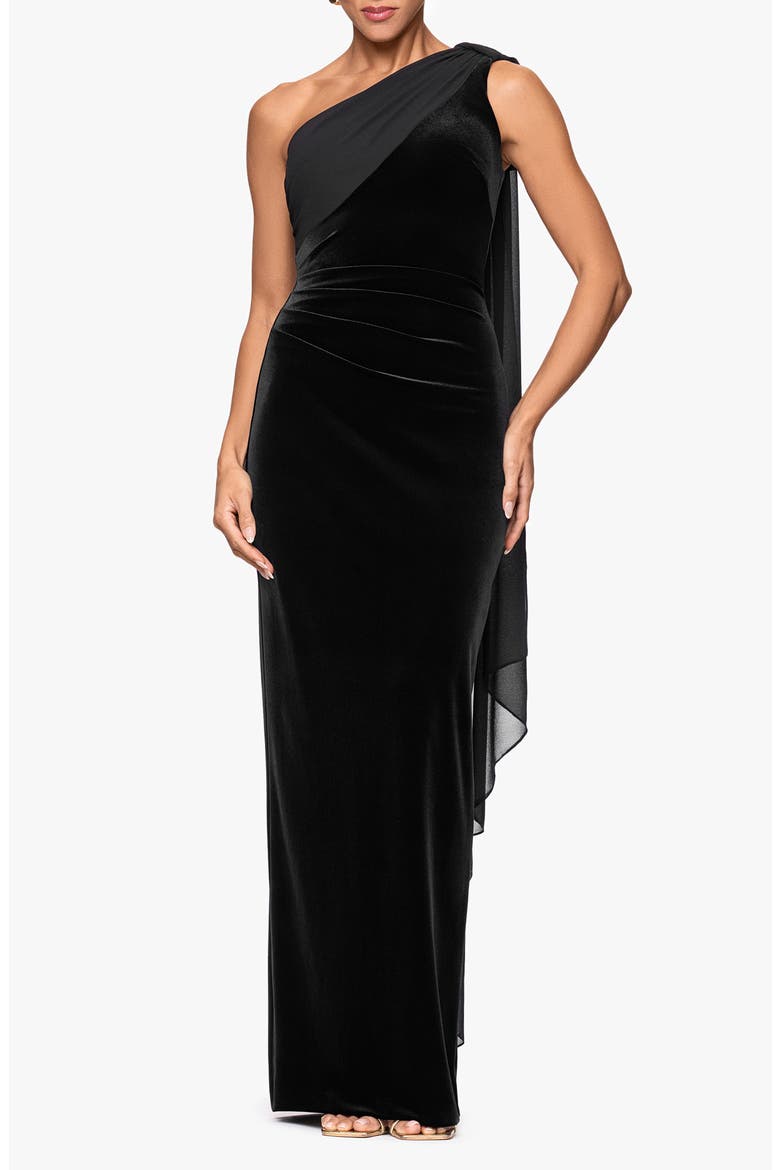 One-Shoulder Stretch Velvet Gown with Chiffon Sash, Main, color, BLACK