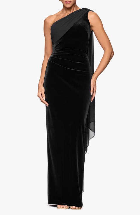 One-Shoulder Stretch Velvet Gown with Chiffon Sash