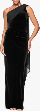 Xscape Evenings One-Shoulder Stretch Velvet Gown with Chiffon Sash