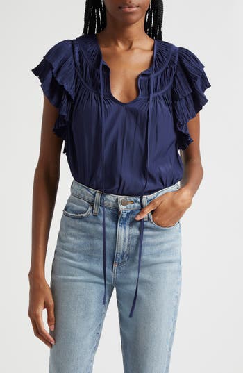 Ramy Brook Virgie Keyhole Ruffle Sleeveless Top In Spring Navy