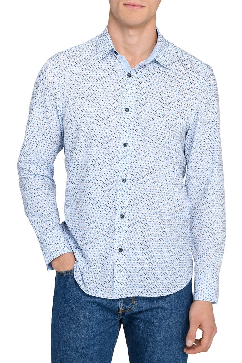 Slim Fit Round Geometric Stretch Button-Up Shirt, Main, color, WHITE/ BLUE