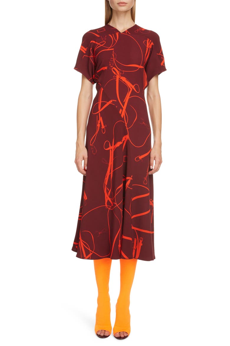 Bridle Print Crepe Midi Dress, Main, color, BORDEAUX/ ORANGE