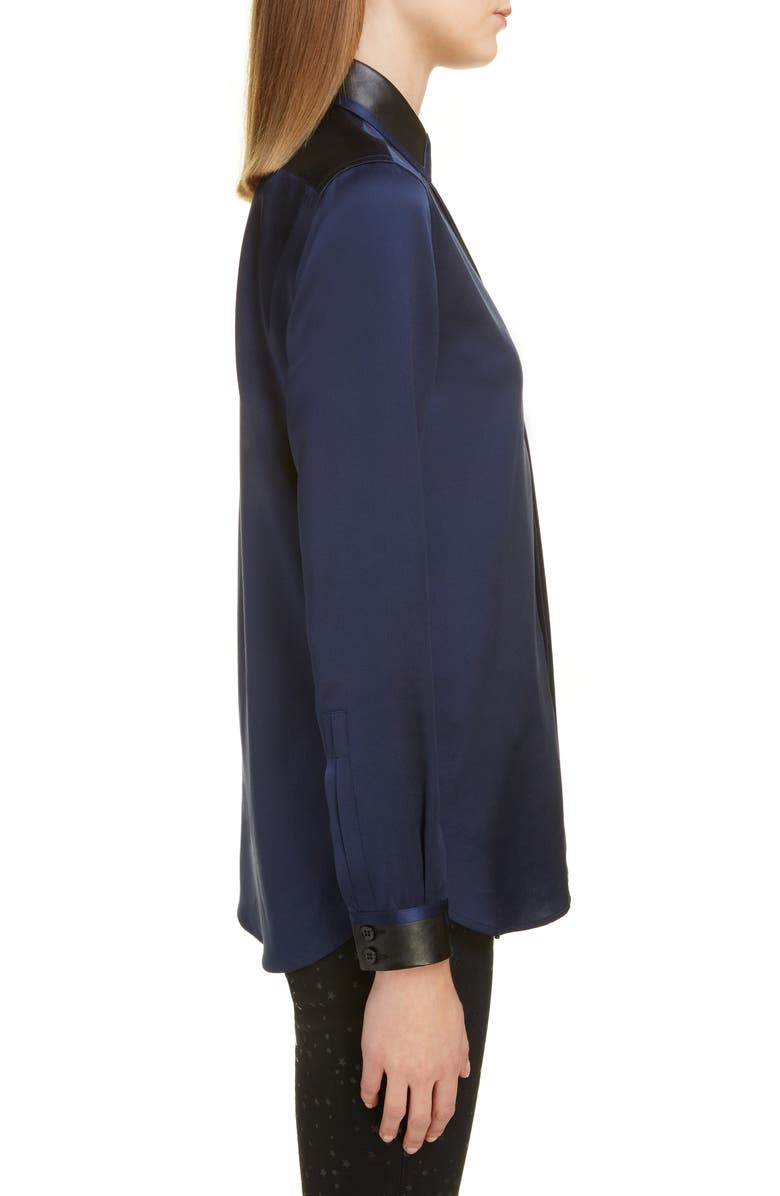 Saint Laurent Leather Collar Silk Shirt, Alternate, color,