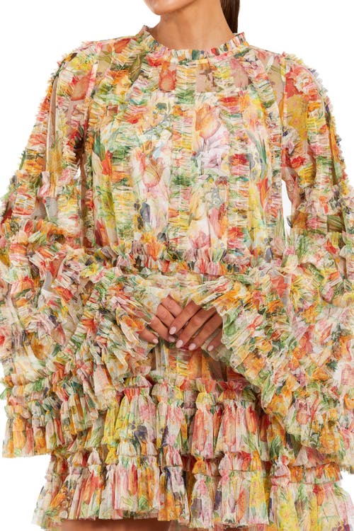 Mac Duggal Printed Mesh Ruffle High Neck Mini Dress