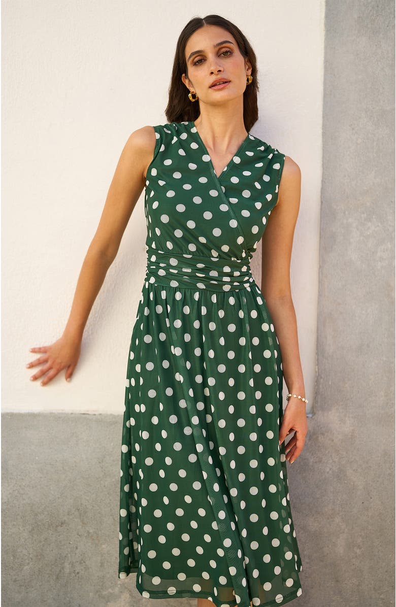 Yumi Polka Dot Mesh Wrap Skater Dress, Alternate, color, Green