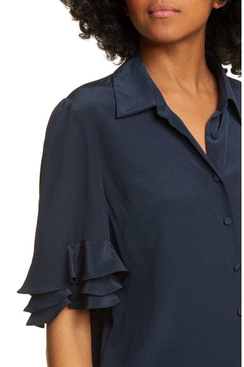 Ruffle Sleeve Silk Top, Alternate, color, DARK NAVY