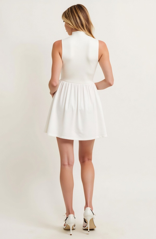 Modenaire Mock Neck Sleeveless Mini Dress With Gathered Skirt And Pockets