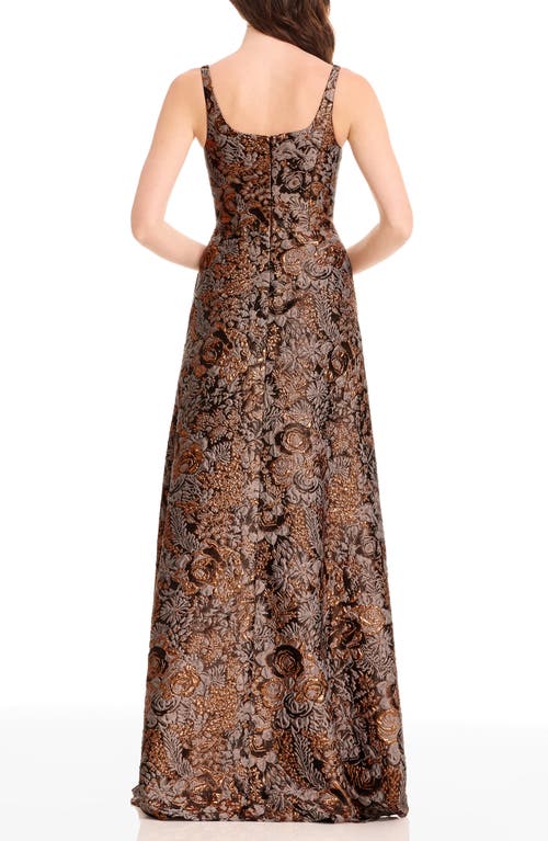 Dress The Population Vienna Metallic Floral Jacquard A-line Gown In Brown